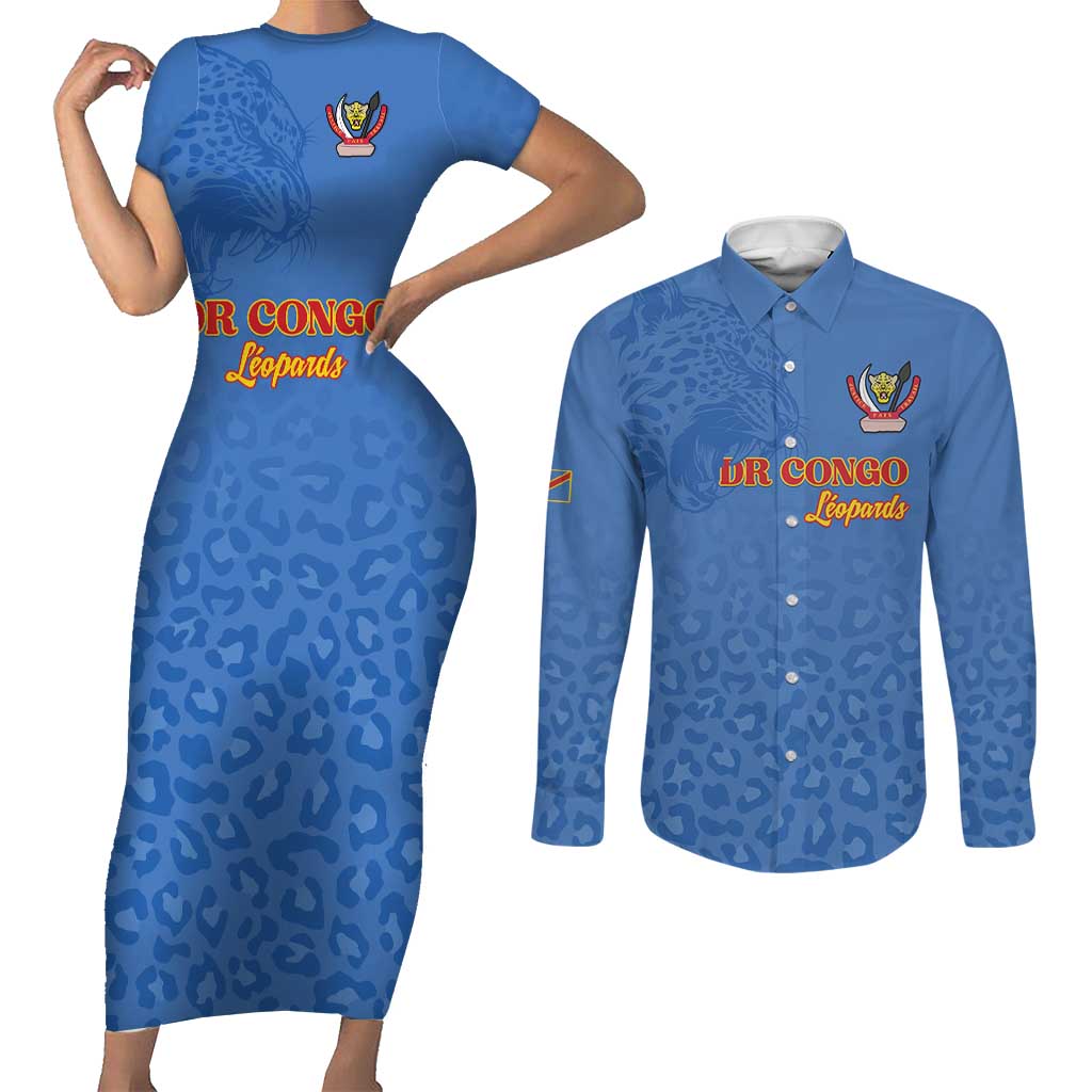 Custom DR Congo Football Couples Matching Short Sleeve Bodycon Dress and Long Sleeve Button Shirt Go Champions Leopards - Blue - Wonder Print Shop