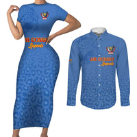 Custom DR Congo Football Couples Matching Short Sleeve Bodycon Dress and Long Sleeve Button Shirt Go Champions Leopards - Blue - Wonder Print Shop