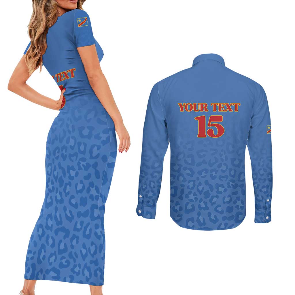 Custom DR Congo Football Couples Matching Short Sleeve Bodycon Dress and Long Sleeve Button Shirt Go Champions Leopards - Blue - Wonder Print Shop