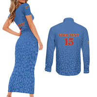 Custom DR Congo Football Couples Matching Short Sleeve Bodycon Dress and Long Sleeve Button Shirt Go Champions Leopards - Blue - Wonder Print Shop
