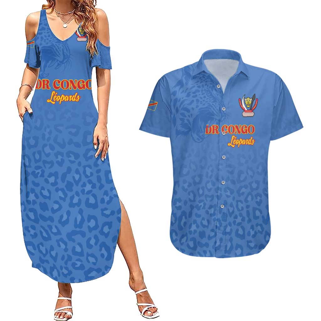 Custom DR Congo Football Couples Matching Summer Maxi Dress and Hawaiian Shirt Go Champions Leopards - Blue - Wonder Print Shop