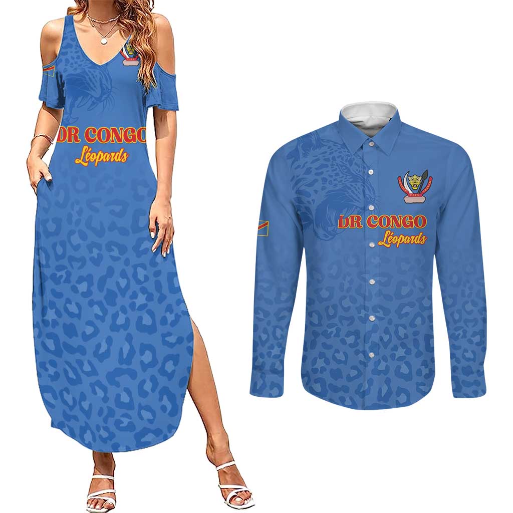 Custom DR Congo Football Couples Matching Summer Maxi Dress and Long Sleeve Button Shirt Go Champions Leopards - Blue - Wonder Print Shop