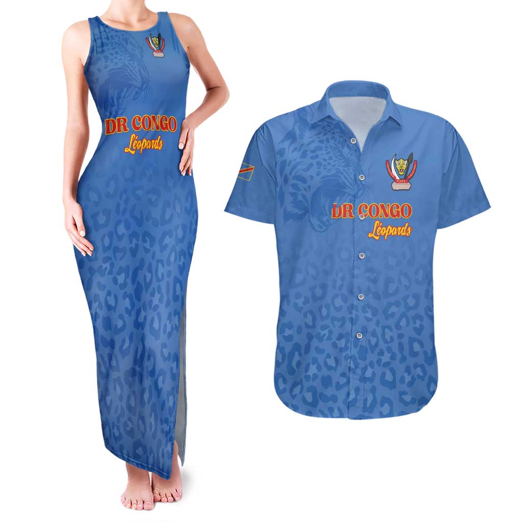 Custom DR Congo Football Couples Matching Tank Maxi Dress and Hawaiian Shirt Go Champions Leopards - Blue - Wonder Print Shop