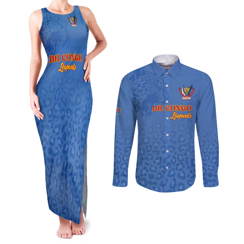Custom DR Congo Football Couples Matching Tank Maxi Dress and Long Sleeve Button Shirt Go Champions Leopards - Blue - Wonder Print Shop