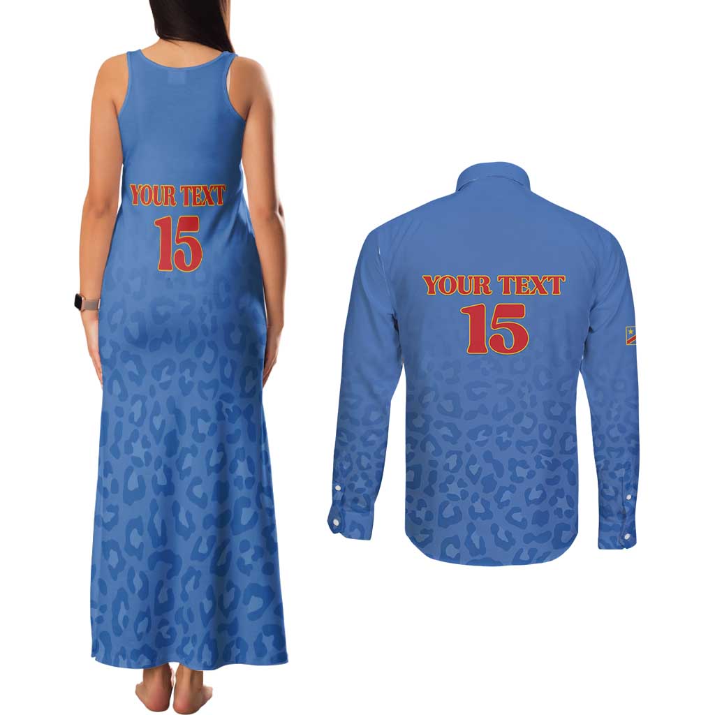 Custom DR Congo Football Couples Matching Tank Maxi Dress and Long Sleeve Button Shirt Go Champions Leopards - Blue - Wonder Print Shop