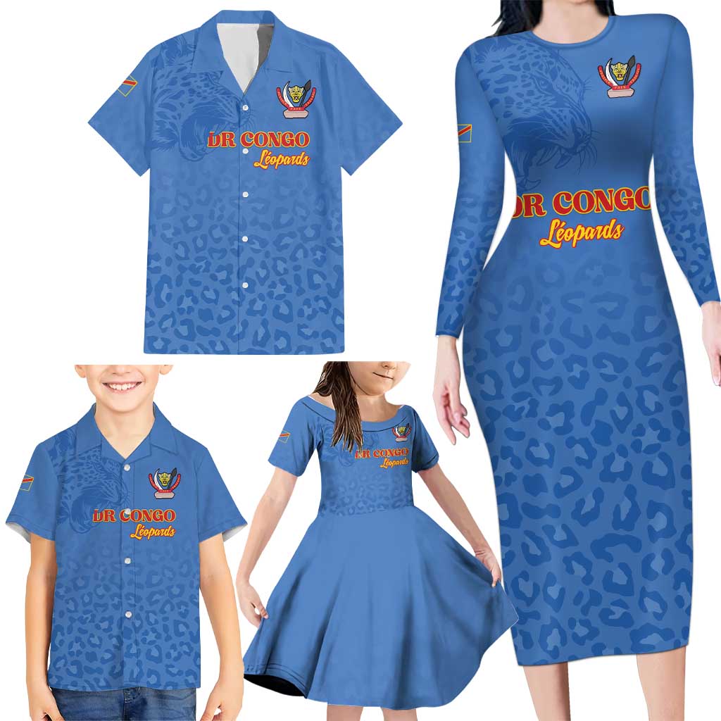 Custom DR Congo Football Family Matching Long Sleeve Bodycon Dress and Hawaiian Shirt Go Champions Leopards - Blue - Wonder Print Shop