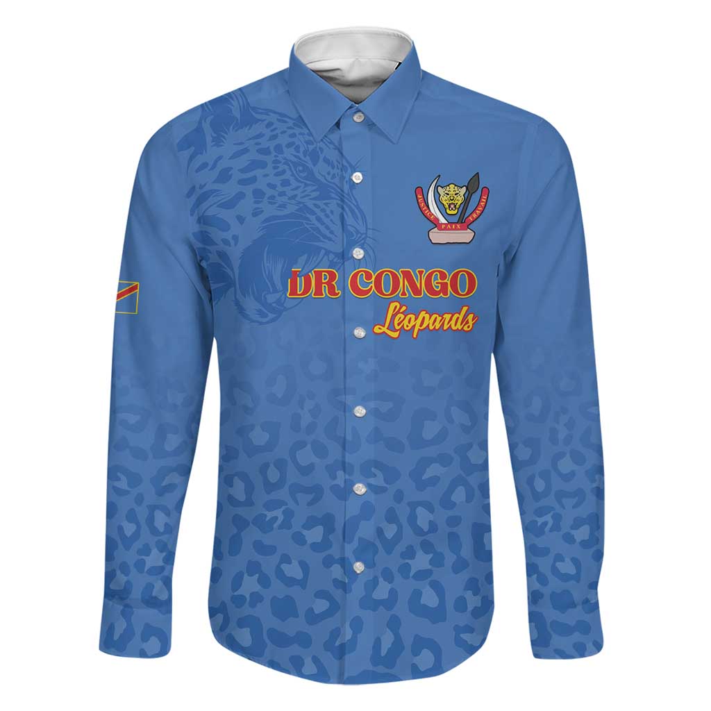 Custom DR Congo Football Family Matching Long Sleeve Bodycon Dress and Hawaiian Shirt Go Champions Leopards - Blue - Wonder Print Shop