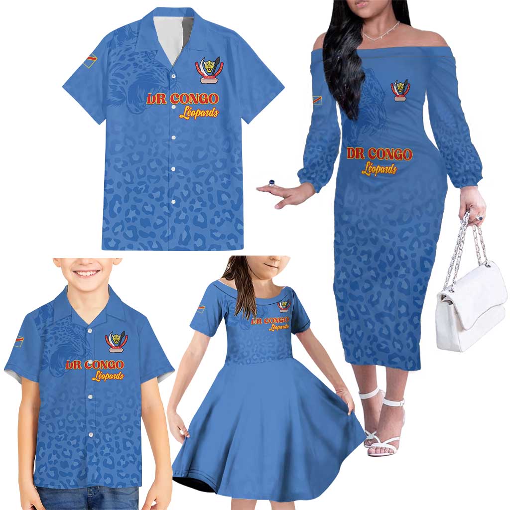 Custom DR Congo Football Family Matching Off The Shoulder Long Sleeve Dress and Hawaiian Shirt Go Champions Leopards - Blue - Wonder Print Shop