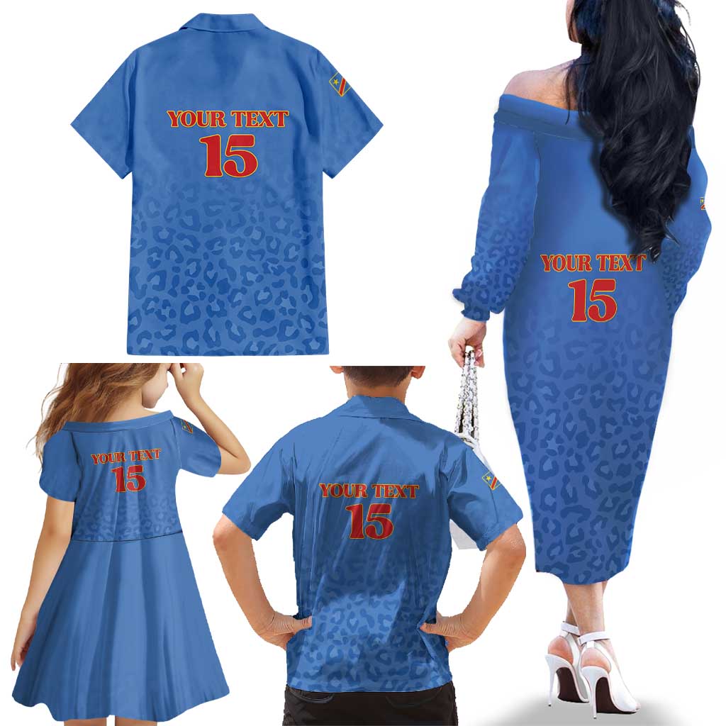Custom DR Congo Football Family Matching Off The Shoulder Long Sleeve Dress and Hawaiian Shirt Go Champions Leopards - Blue - Wonder Print Shop