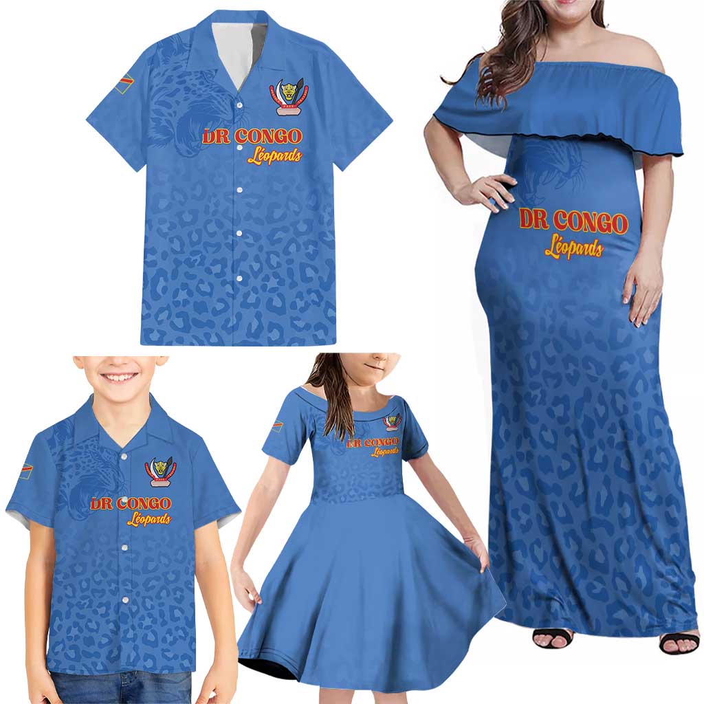 Custom DR Congo Football Family Matching Off Shoulder Maxi Dress and Hawaiian Shirt Go Champions Leopards - Blue - Wonder Print Shop