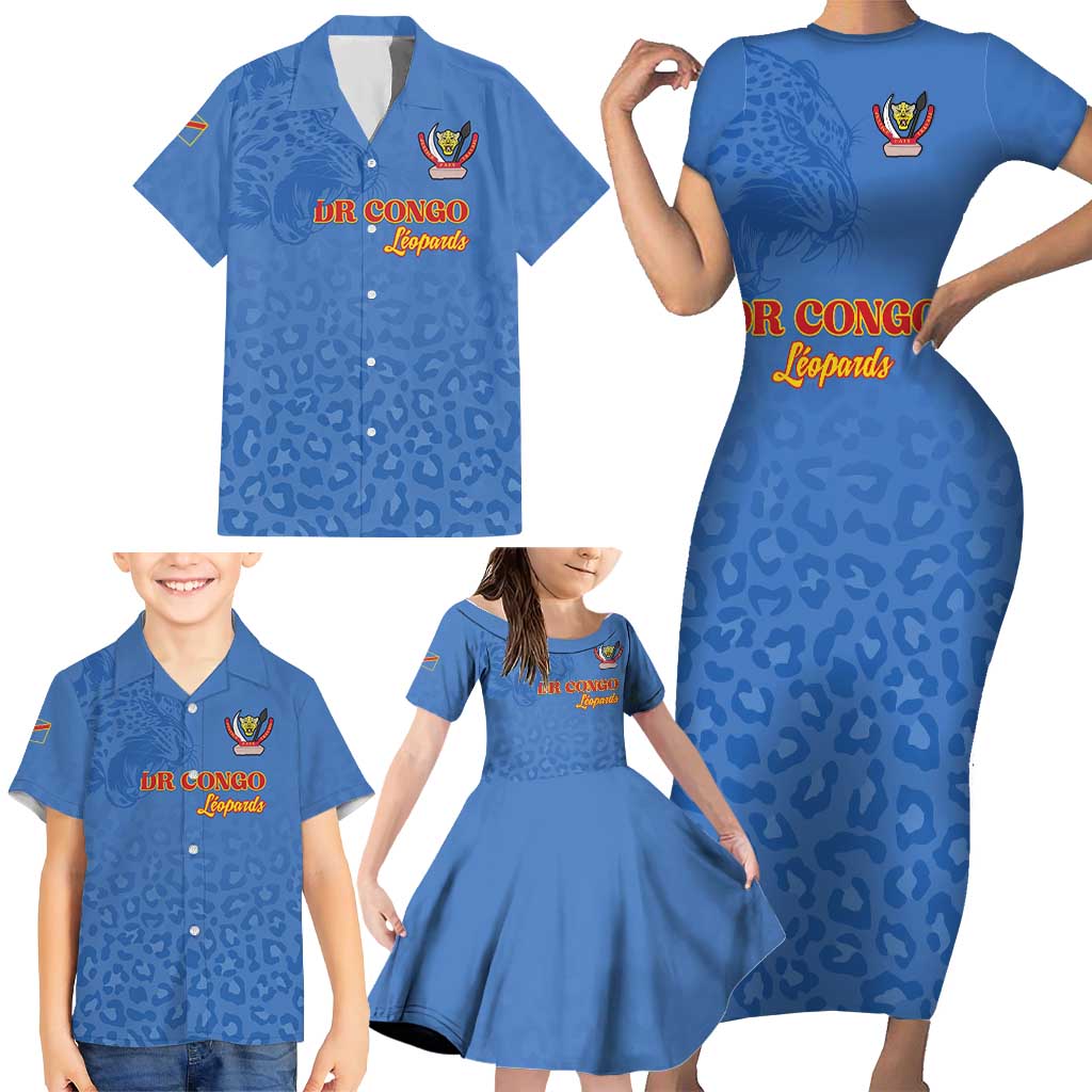 Custom DR Congo Football Family Matching Short Sleeve Bodycon Dress and Hawaiian Shirt Go Champions Leopards - Blue - Wonder Print Shop