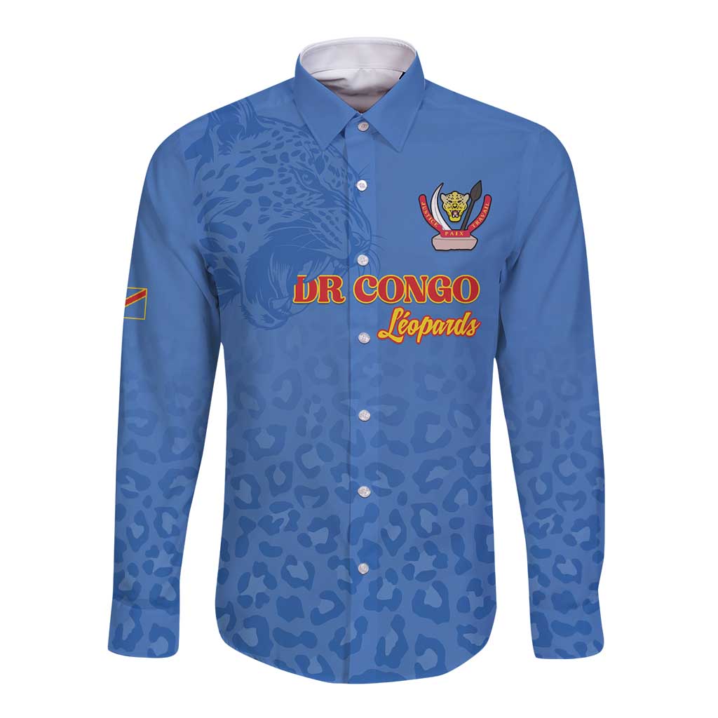 Custom DR Congo Football Long Sleeve Button Shirt Go Champions Leopards - Blue - Wonder Print Shop