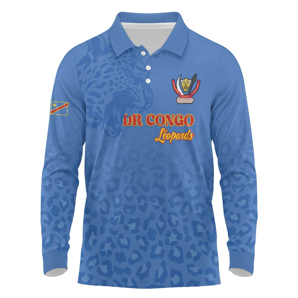 Custom DR Congo Football Long Sleeve Polo Shirt Go Champions Leopards - Blue - Wonder Print Shop