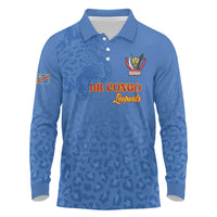Custom DR Congo Football Long Sleeve Polo Shirt Go Champions Leopards - Blue - Wonder Print Shop