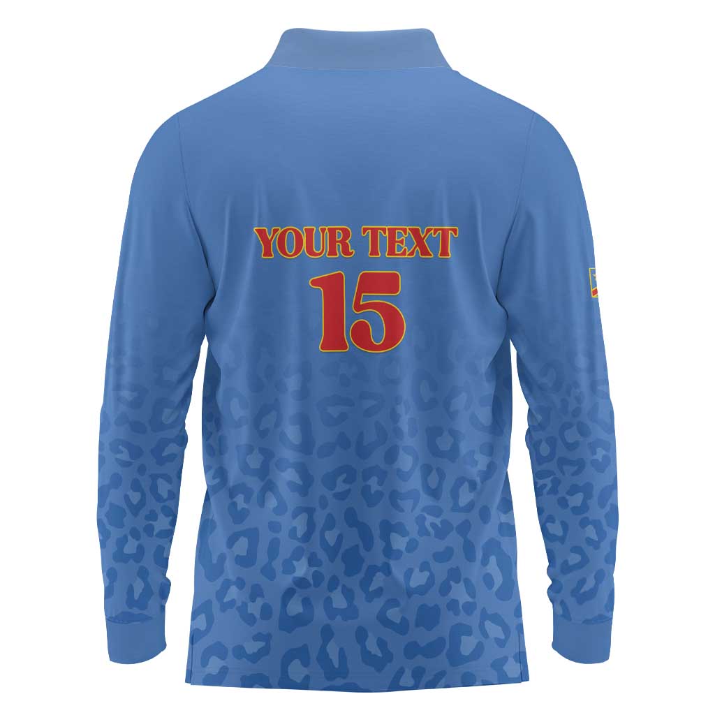 Custom DR Congo Football Long Sleeve Polo Shirt Go Champions Leopards - Blue - Wonder Print Shop