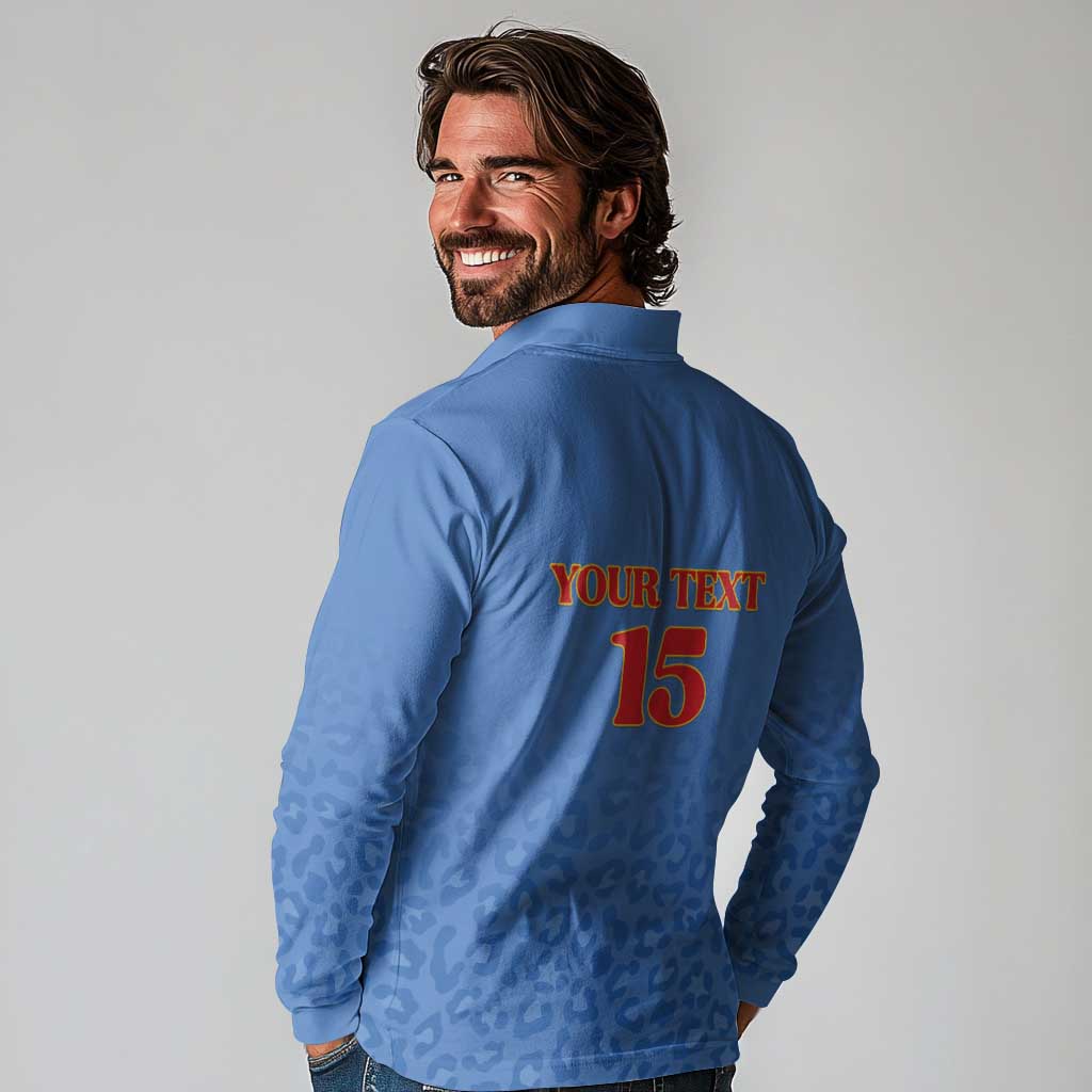 Custom DR Congo Football Long Sleeve Polo Shirt Go Champions Leopards - Blue - Wonder Print Shop