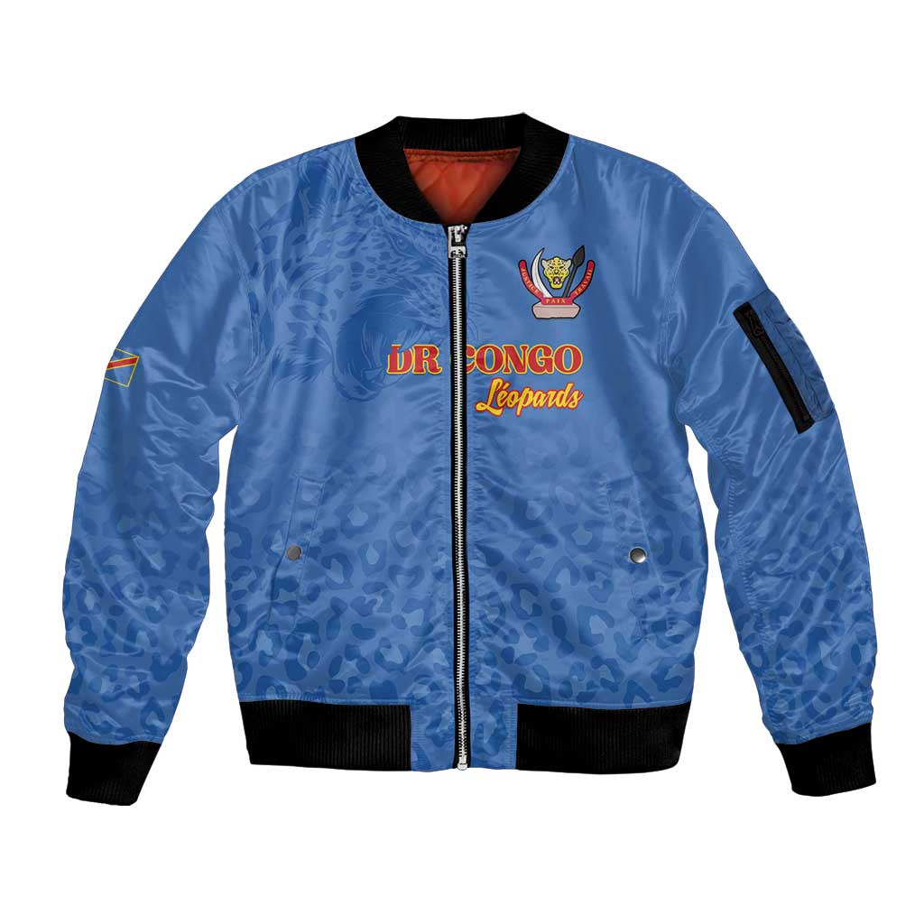 Custom DR Congo Football Sleeve Zip Bomber Jacket Go Champions Leopards - Blue - Wonder Print Shop