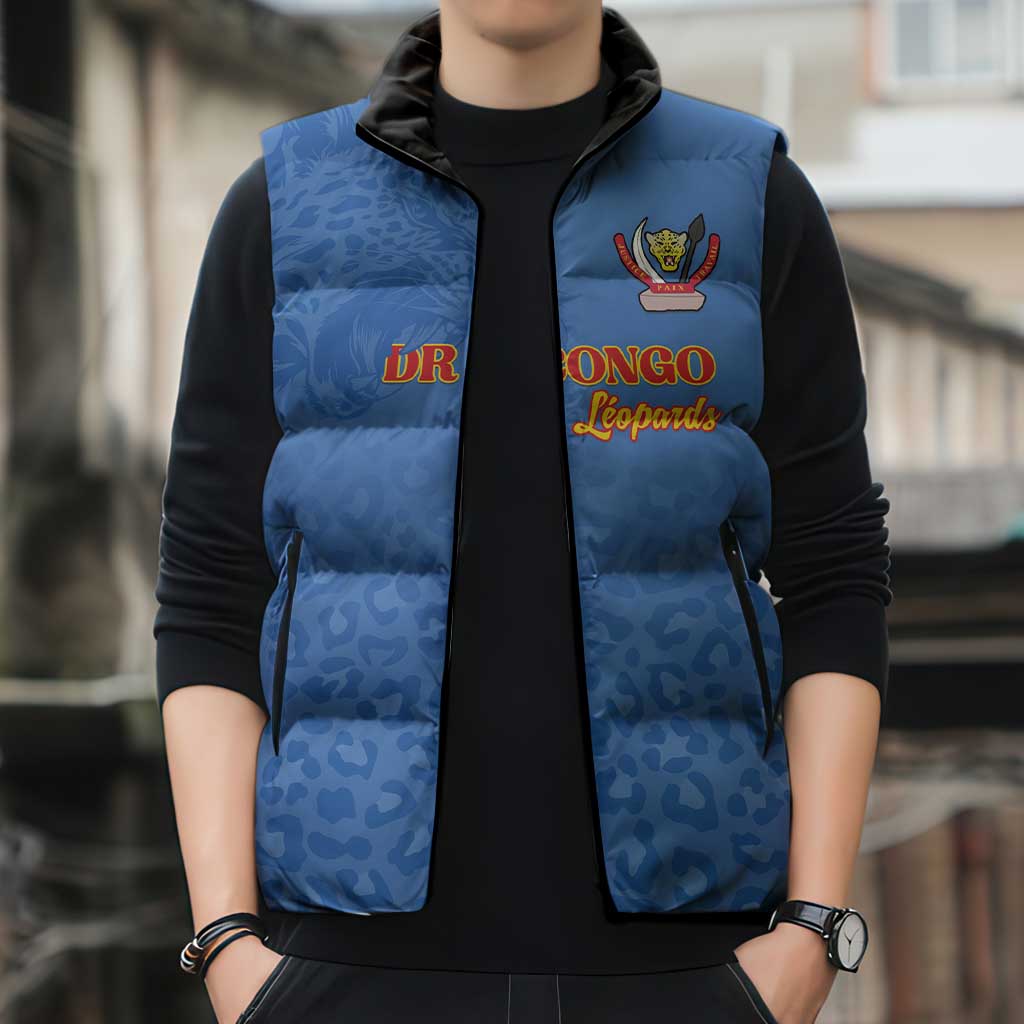 Custom DR Congo Football Sleeveless Puffer Jacket Go Champions Leopards - Blue - Wonder Print Shop