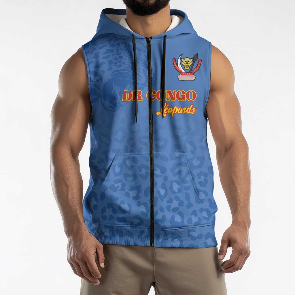 Custom DR Congo Football Sleeveless Zip Hoodie Go Champions Leopards - Blue - Wonder Print Shop