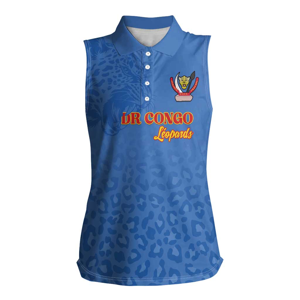 Custom DR Congo Football Women Sleeveless Polo Shirt Go Champions Leopards - Blue - Wonder Print Shop