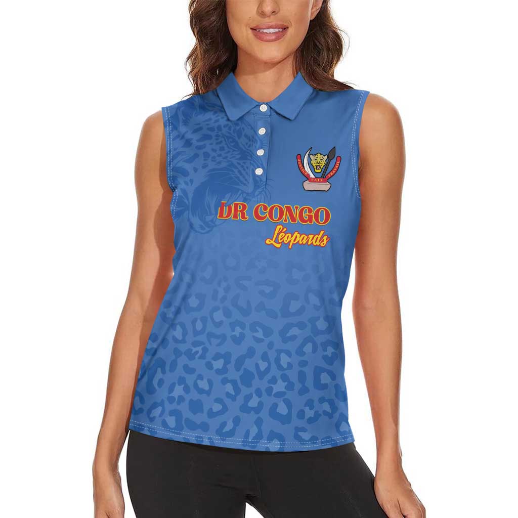 Custom DR Congo Football Women Sleeveless Polo Shirt Go Champions Leopards - Blue - Wonder Print Shop