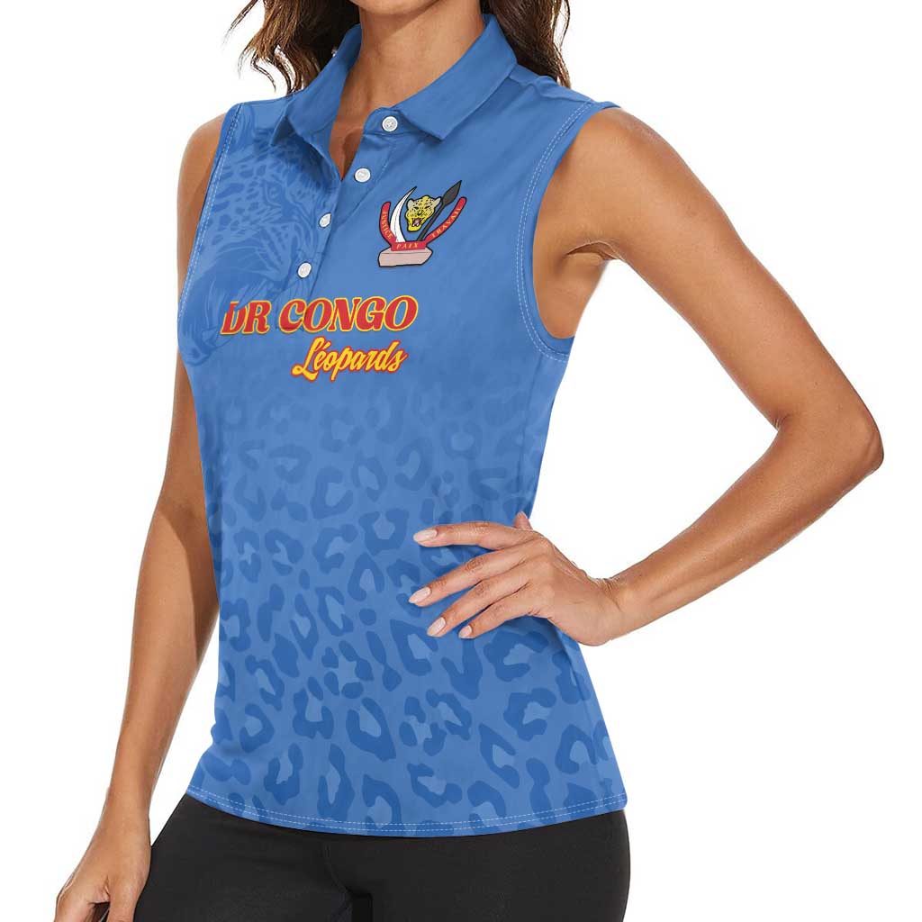 Custom DR Congo Football Women Sleeveless Polo Shirt Go Champions Leopards - Blue - Wonder Print Shop