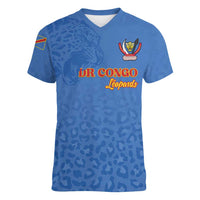 Custom DR Congo Football Women V-Neck T-Shirt Go Champions Leopards - Blue - Wonder Print Shop