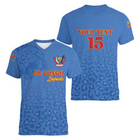 Custom DR Congo Football Women V-Neck T-Shirt Go Champions Leopards - Blue - Wonder Print Shop