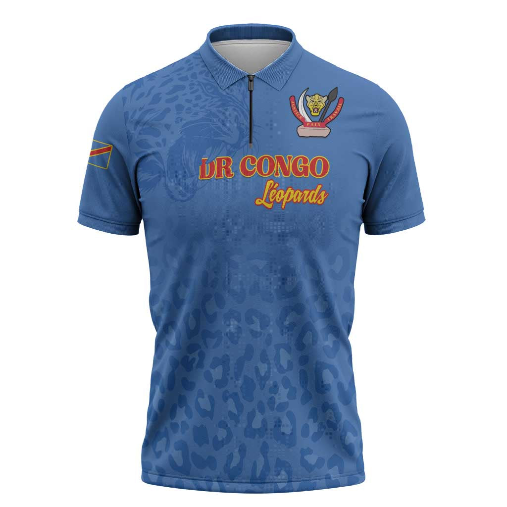 Custom DR Congo Football Zipper Polo Shirt Go Champions Leopards - Blue - Wonder Print Shop