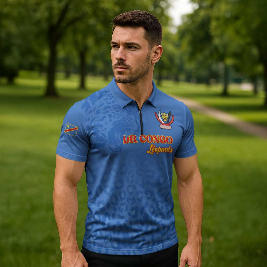 Custom DR Congo Football Zipper Polo Shirt Go Champions Leopards - Blue - Wonder Print Shop