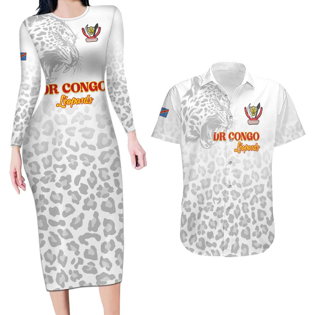 Custom DR Congo Football Couples Matching Long Sleeve Bodycon Dress and Hawaiian Shirt Go Champions Leopards - White - Wonder Print Shop
