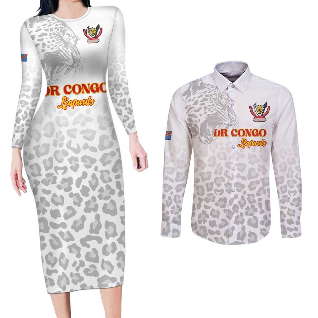 Custom DR Congo Football Couples Matching Long Sleeve Bodycon Dress and Long Sleeve Button Shirt Go Champions Leopards - White - Wonder Print Shop