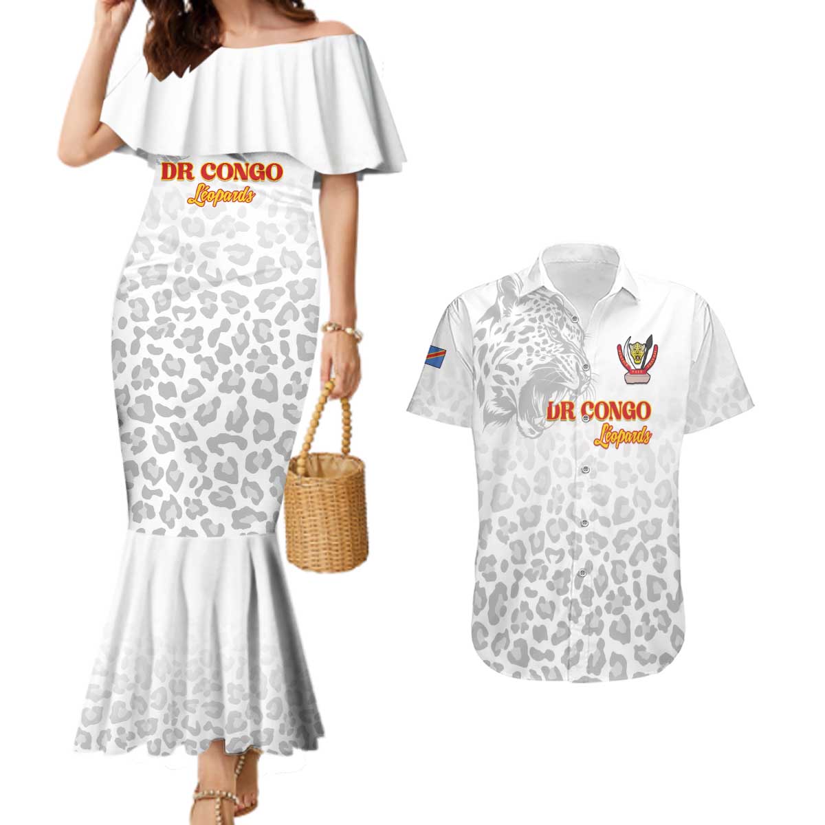 Custom DR Congo Football Couples Matching Mermaid Dress and Hawaiian Shirt Go Champions Leopards - White - Wonder Print Shop