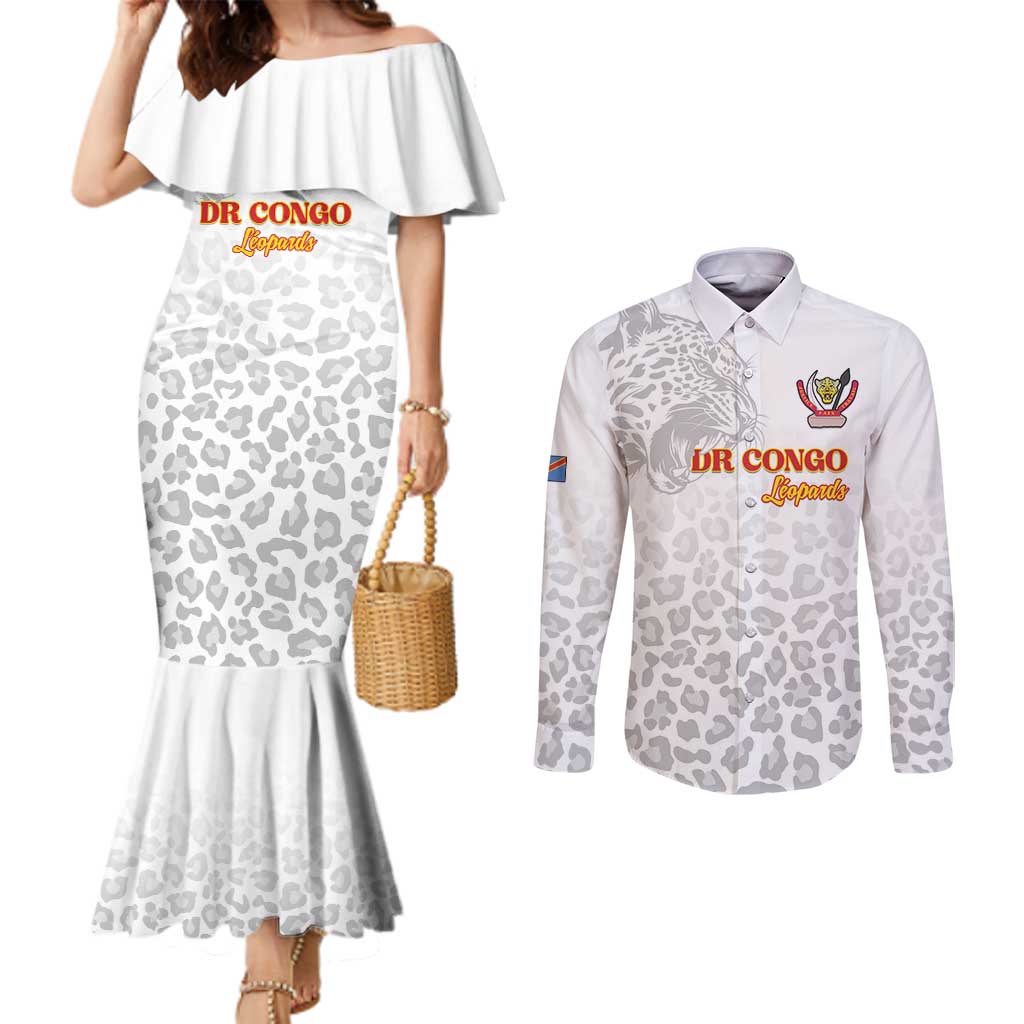 Custom DR Congo Football Couples Matching Mermaid Dress and Long Sleeve Button Shirt Go Champions Leopards - White - Wonder Print Shop