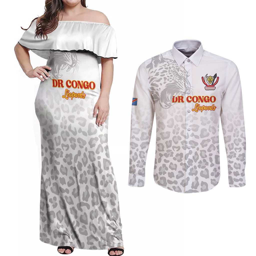 Custom DR Congo Football Couples Matching Off Shoulder Maxi Dress and Long Sleeve Button Shirt Go Champions Leopards - White - Wonder Print Shop