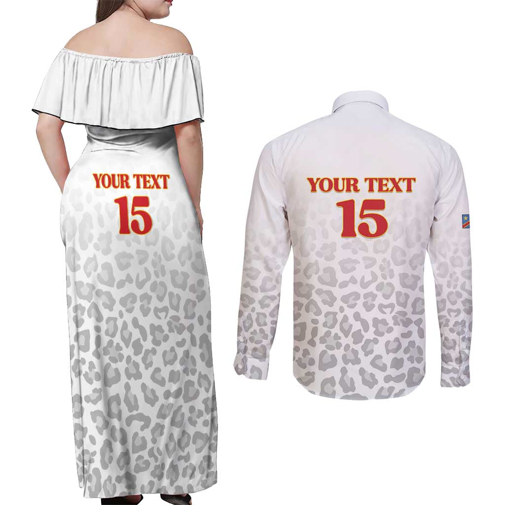Custom DR Congo Football Couples Matching Off Shoulder Maxi Dress and Long Sleeve Button Shirt Go Champions Leopards - White - Wonder Print Shop