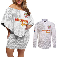 Custom DR Congo Football Couples Matching Off Shoulder Short Dress and Long Sleeve Button Shirt Go Champions Leopards - White - Wonder Print Shop