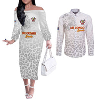 Custom DR Congo Football Couples Matching Off The Shoulder Long Sleeve Dress and Long Sleeve Button Shirt Go Champions Leopards - White - Wonder Print Shop