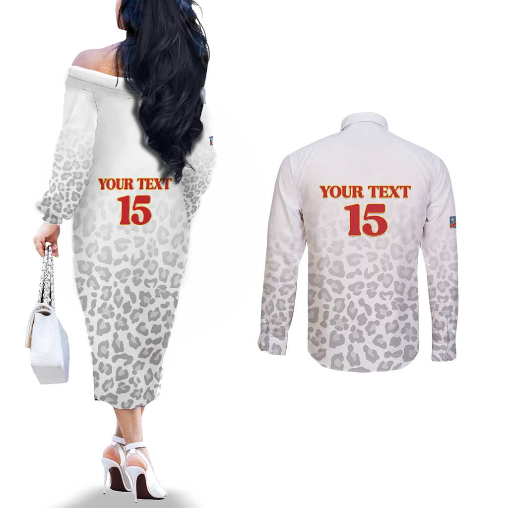 Custom DR Congo Football Couples Matching Off The Shoulder Long Sleeve Dress and Long Sleeve Button Shirt Go Champions Leopards - White - Wonder Print Shop