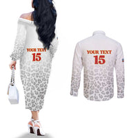 Custom DR Congo Football Couples Matching Off The Shoulder Long Sleeve Dress and Long Sleeve Button Shirt Go Champions Leopards - White - Wonder Print Shop