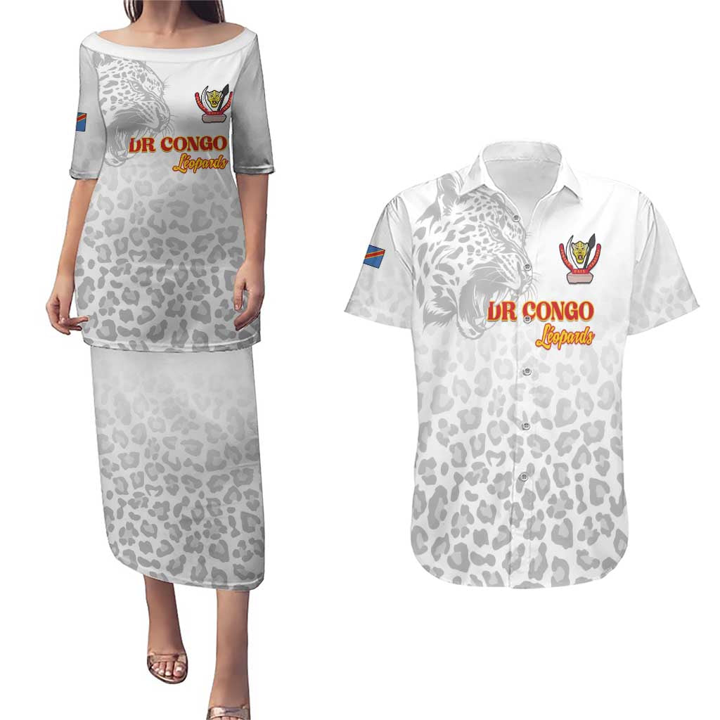 Custom DR Congo Football Couples Matching Puletasi and Hawaiian Shirt Go Champions Leopards - White - Wonder Print Shop