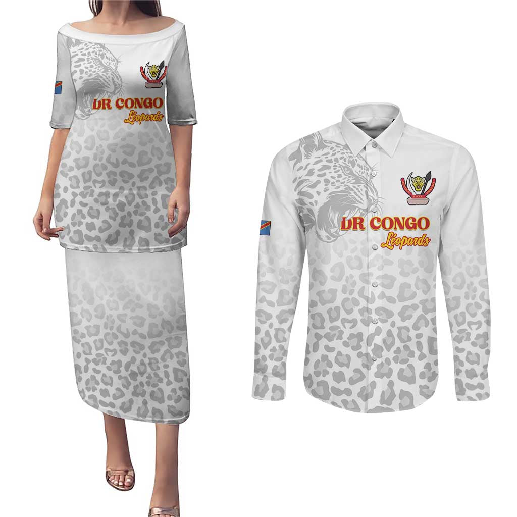 Custom DR Congo Football Couples Matching Puletasi and Long Sleeve Button Shirt Go Champions Leopards - White - Wonder Print Shop