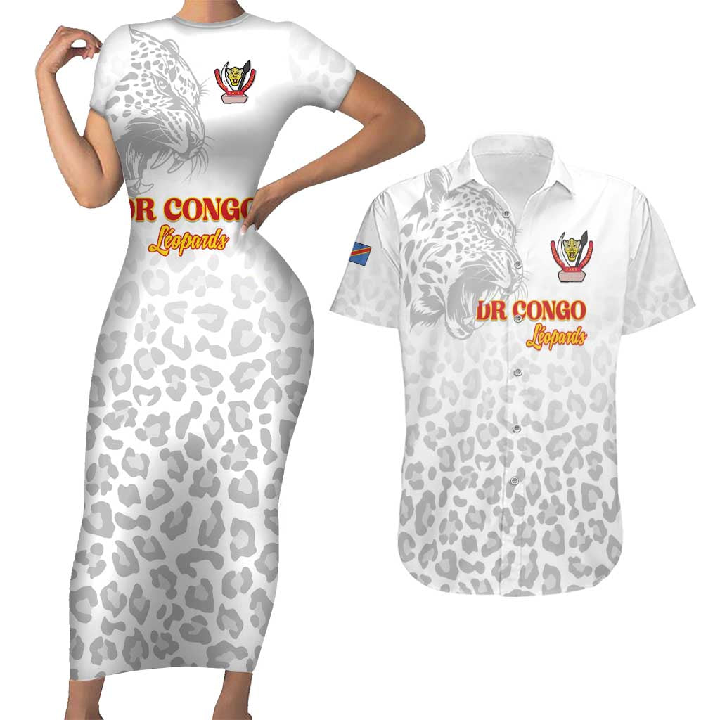 Custom DR Congo Football Couples Matching Short Sleeve Bodycon Dress and Hawaiian Shirt Go Champions Leopards - White - Wonder Print Shop
