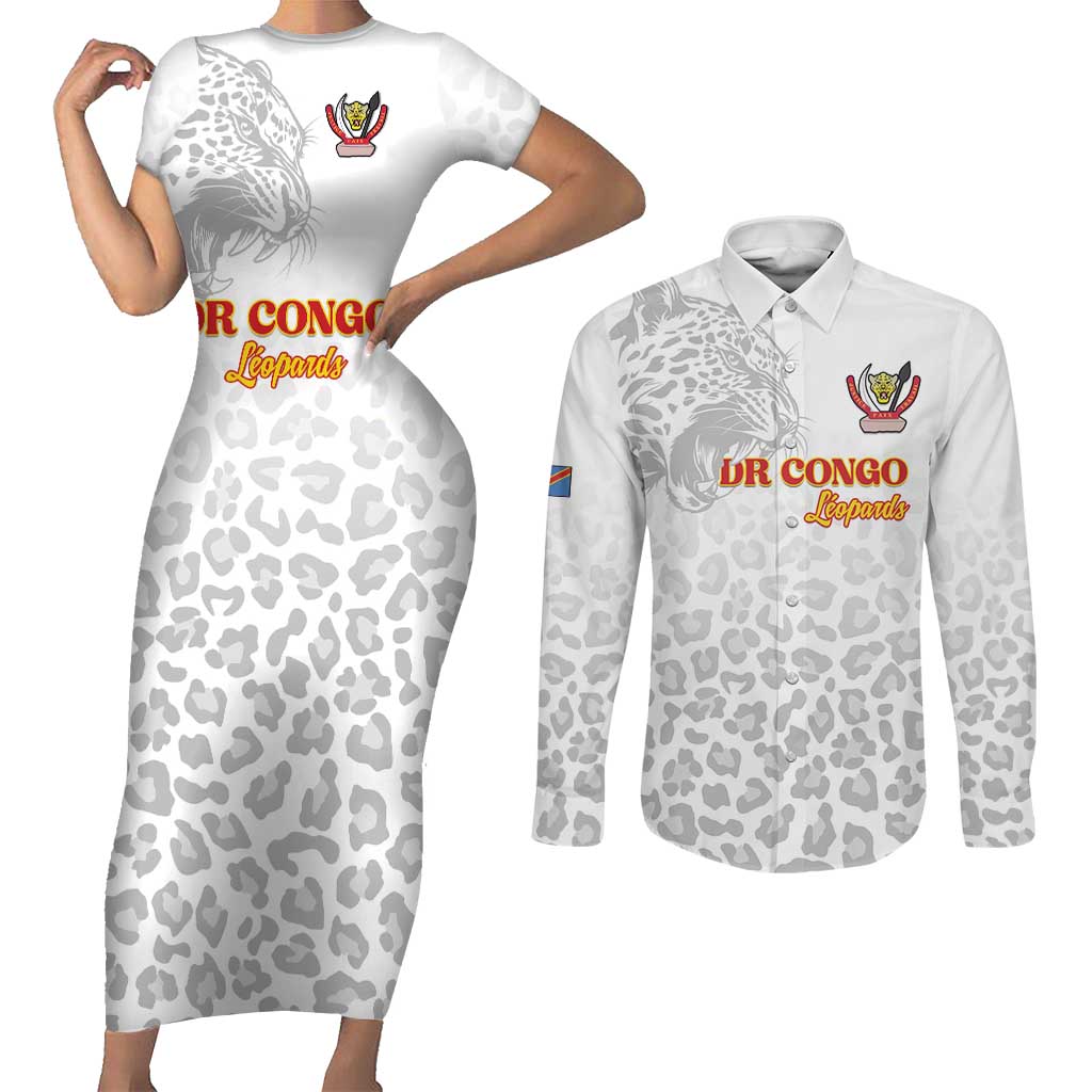 Custom DR Congo Football Couples Matching Short Sleeve Bodycon Dress and Long Sleeve Button Shirt Go Champions Leopards - White - Wonder Print Shop