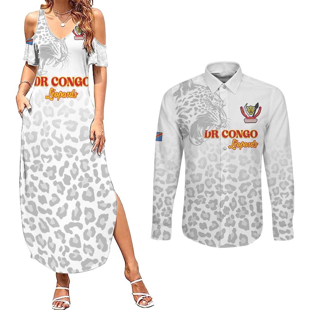 Custom DR Congo Football Couples Matching Summer Maxi Dress and Long Sleeve Button Shirt Go Champions Leopards - White - Wonder Print Shop