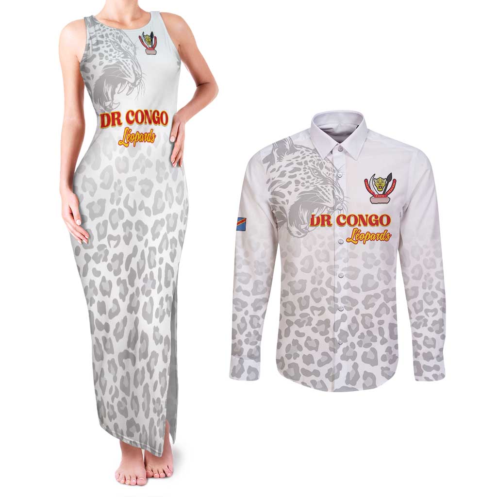 Custom DR Congo Football Couples Matching Tank Maxi Dress and Long Sleeve Button Shirt Go Champions Leopards - White - Wonder Print Shop