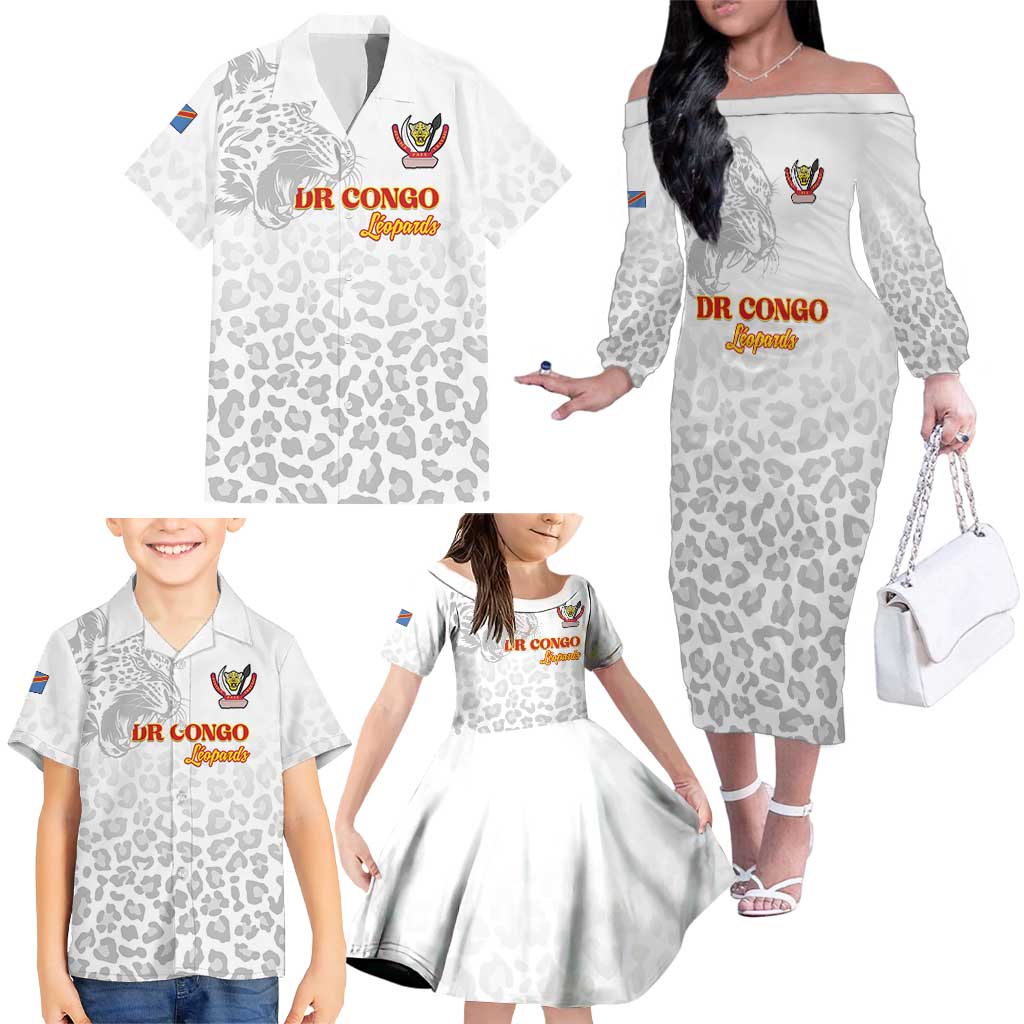 Custom DR Congo Football Family Matching Off The Shoulder Long Sleeve Dress and Hawaiian Shirt Go Champions Leopards - White - Wonder Print Shop