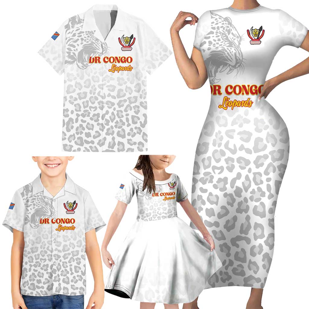 Custom DR Congo Football Family Matching Short Sleeve Bodycon Dress and Hawaiian Shirt Go Champions Leopards - White - Wonder Print Shop