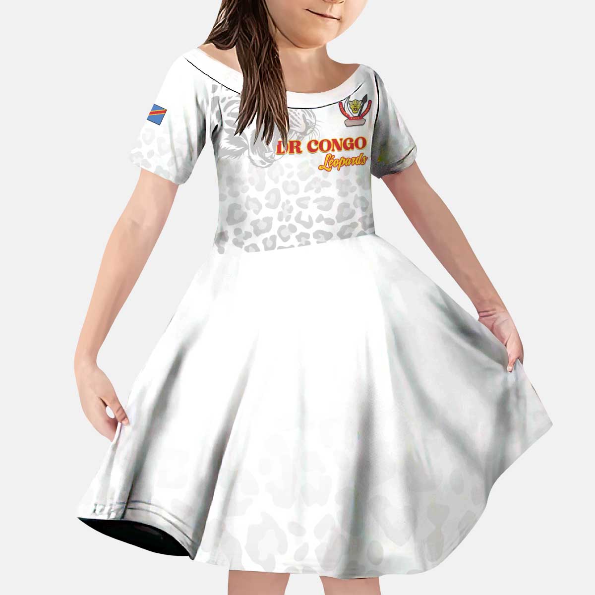 Custom DR Congo Football Kid Short Sleeve Dress Go Champions Leopards - White - Wonder Print Shop