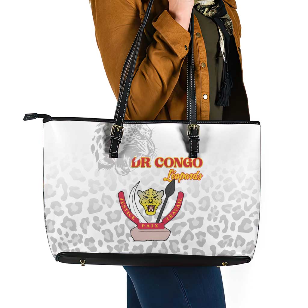 DR Congo Football Leather Tote Bag Go Champions Leopards - White - Wonder Print Shop